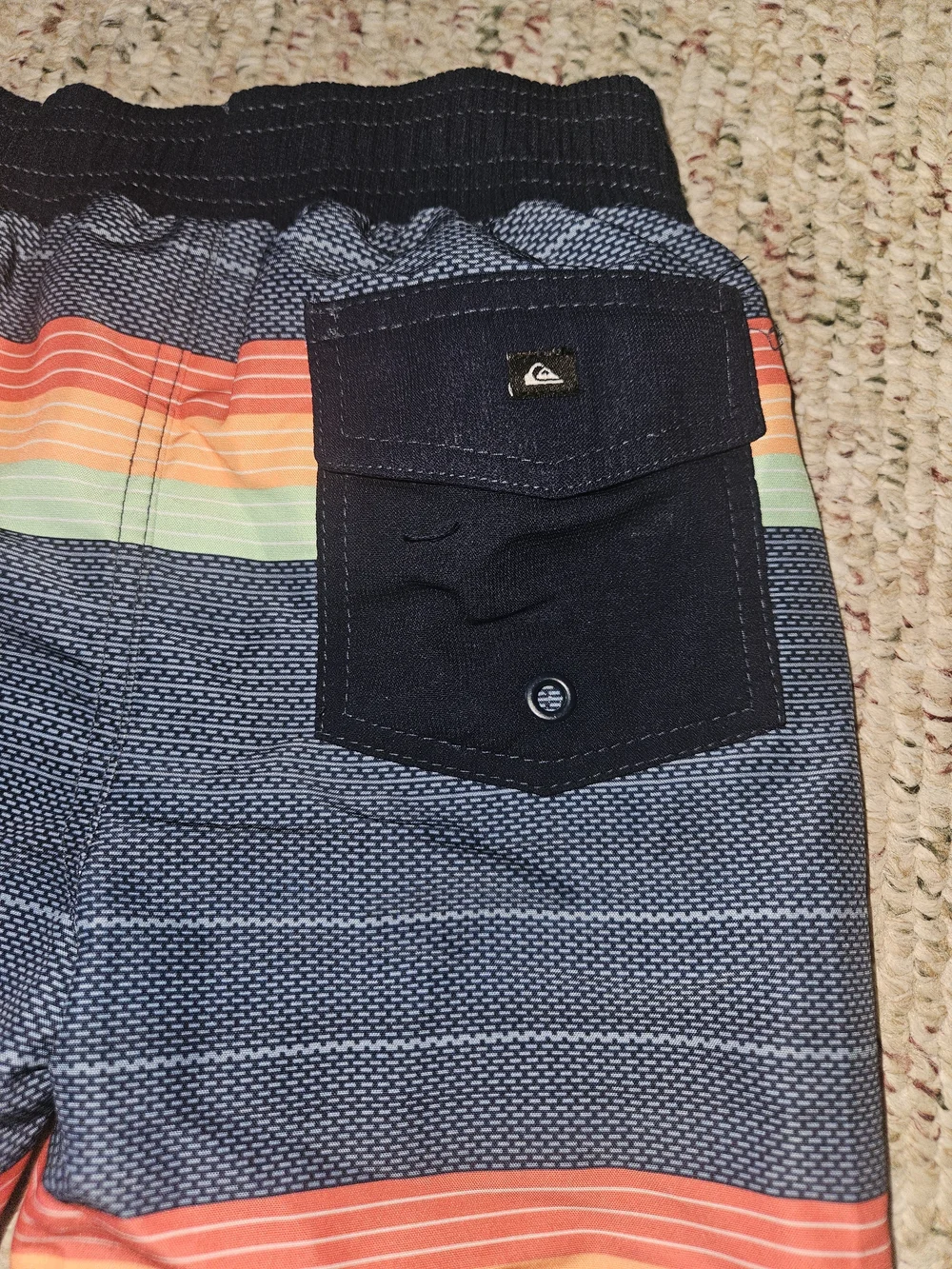 Quiksilver Boys Blue Stripe Swim Trunks with Orange, Green, and White Accents